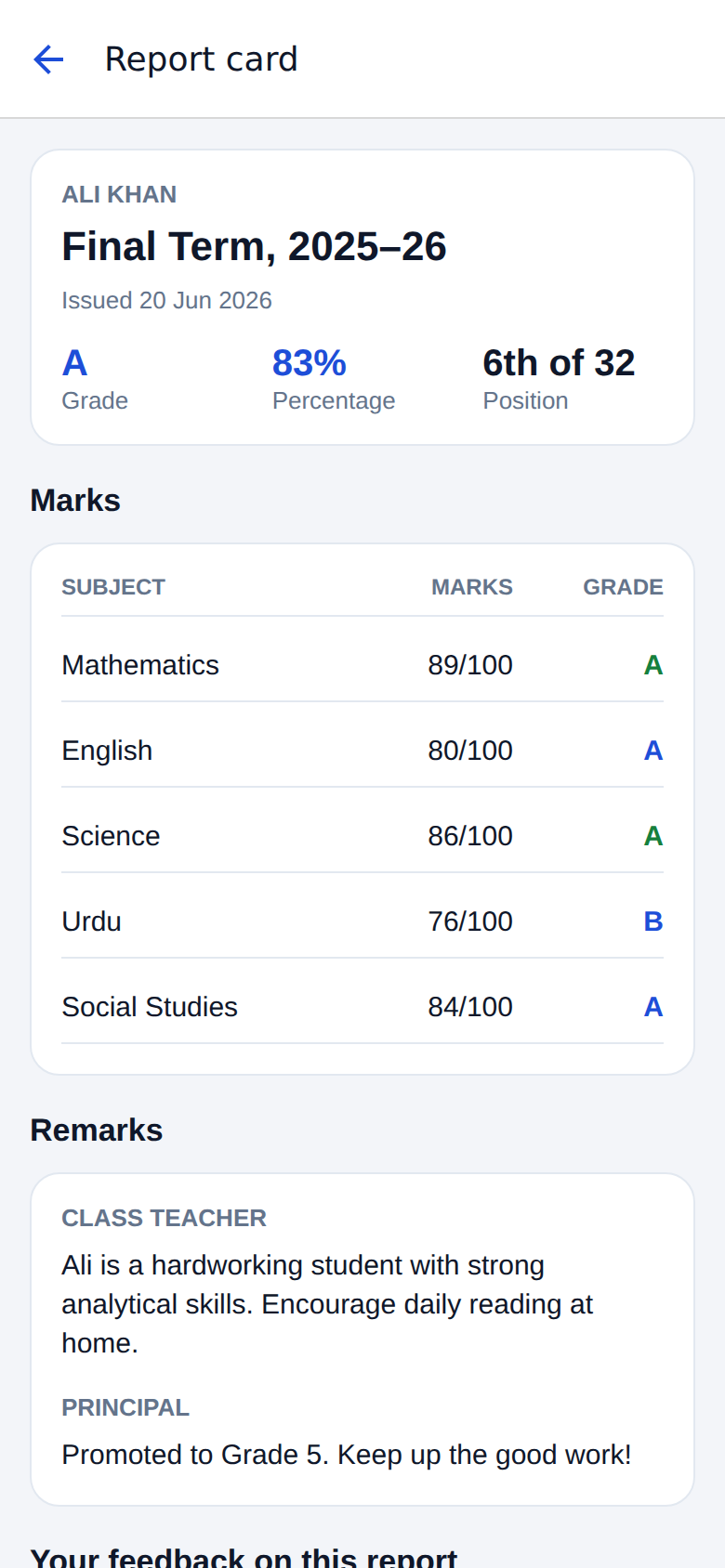 Report card screen